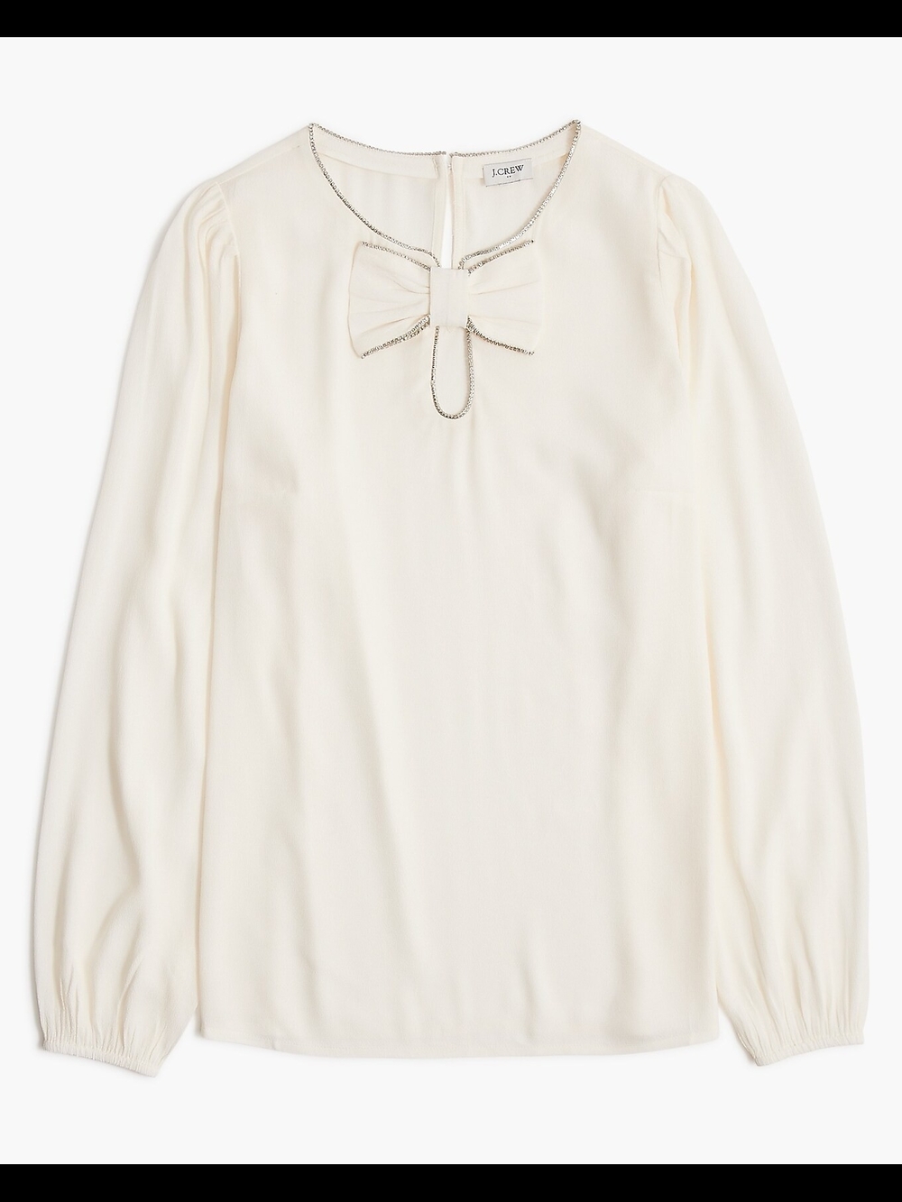 NWT J. Crew Cream Bow-Neck Long Sleeve Blouse With Rhinestones